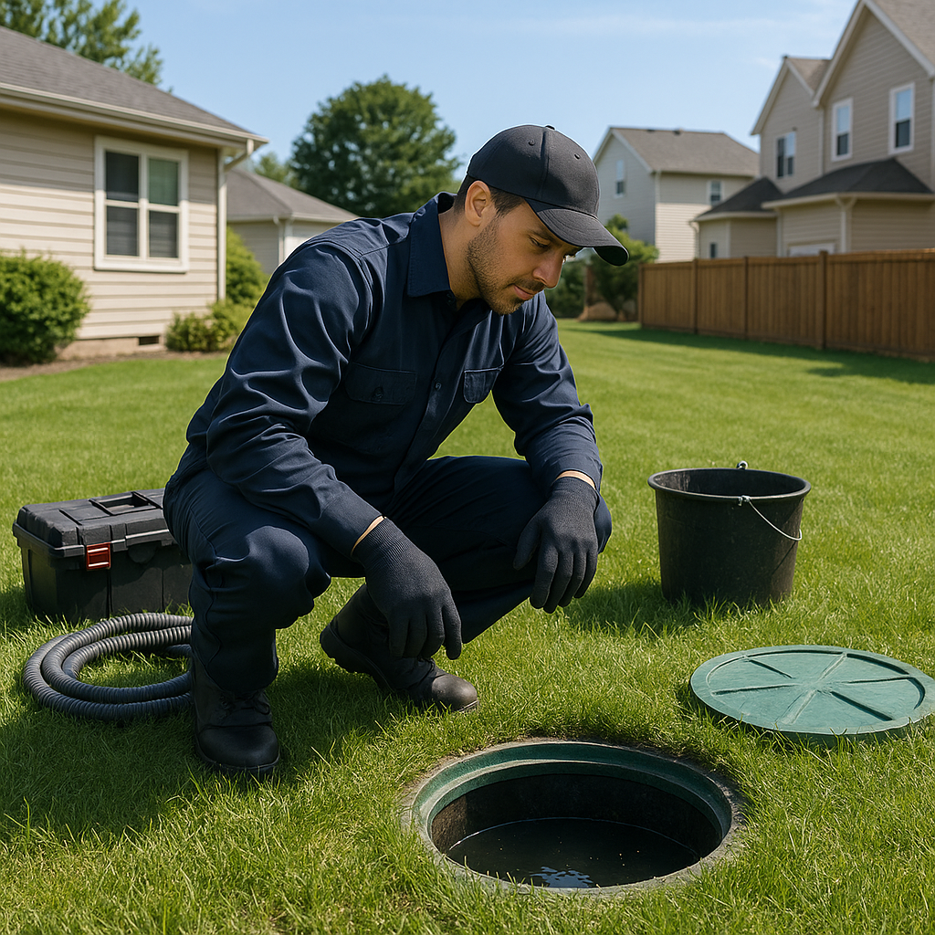 Septic technician inspecting system at a Kennesaw home